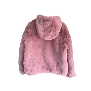 Blush pink faux fur coat with hood as shown from the back with the hood hanging down