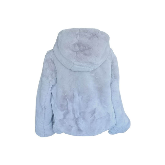 Back view of the one size silver grey faux fur coat with hood