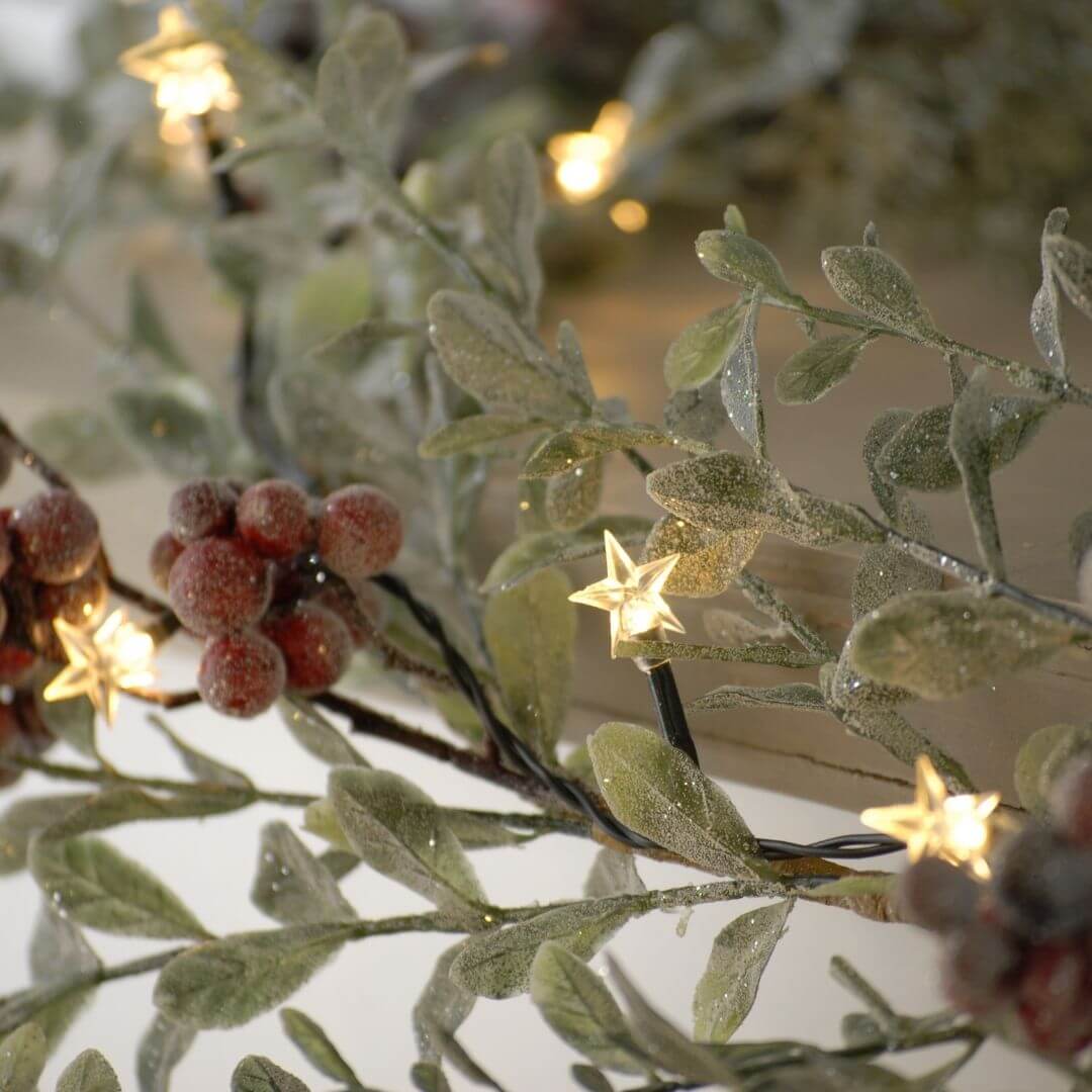 Close up of battery powered star lights next to berries