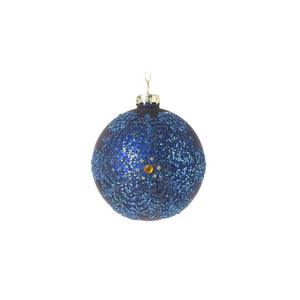Showing the flower design in tiny blue beads on this bead sequin blue bauble