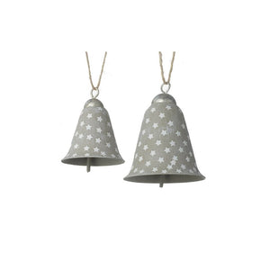Showing the 2 sizes available in the bell Christmas tree decorations.  Whitewashed with grey, there's lots of little white stars all over the grey bells.  The top dome has been painted in matt silver.