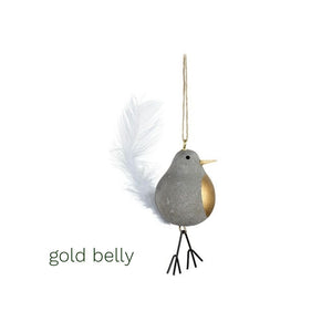 Bird Christmas tree decorations made from cement and showing the gold painted circle on his belly.  This is the 'gold belly' style of the bird Christmas tree decorations