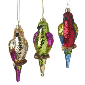 Bird tree decorations showing the three colours that are available