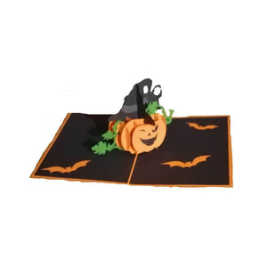 Fold out of the 3D pumpkin showing the hat and the vines and cut out bats in 3 of the 4 corners of the birthday Halloween card 