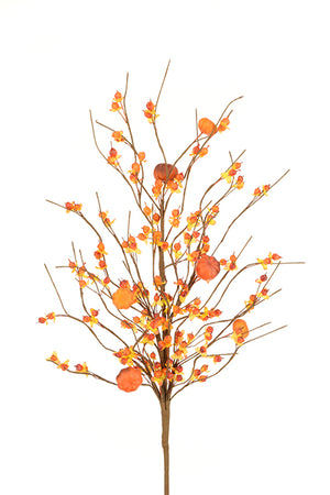 Bittersweet artificial flowers in orange with miniature pumpkins in the branches