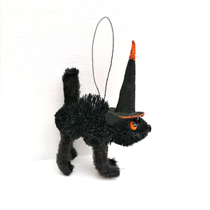 Black cat hanging ornament with scaredy tail and witch's hat