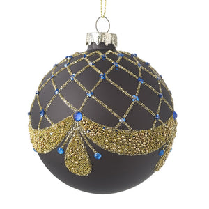 Black Christmas tree baubles with gold glitter and gold and blue gem detailing