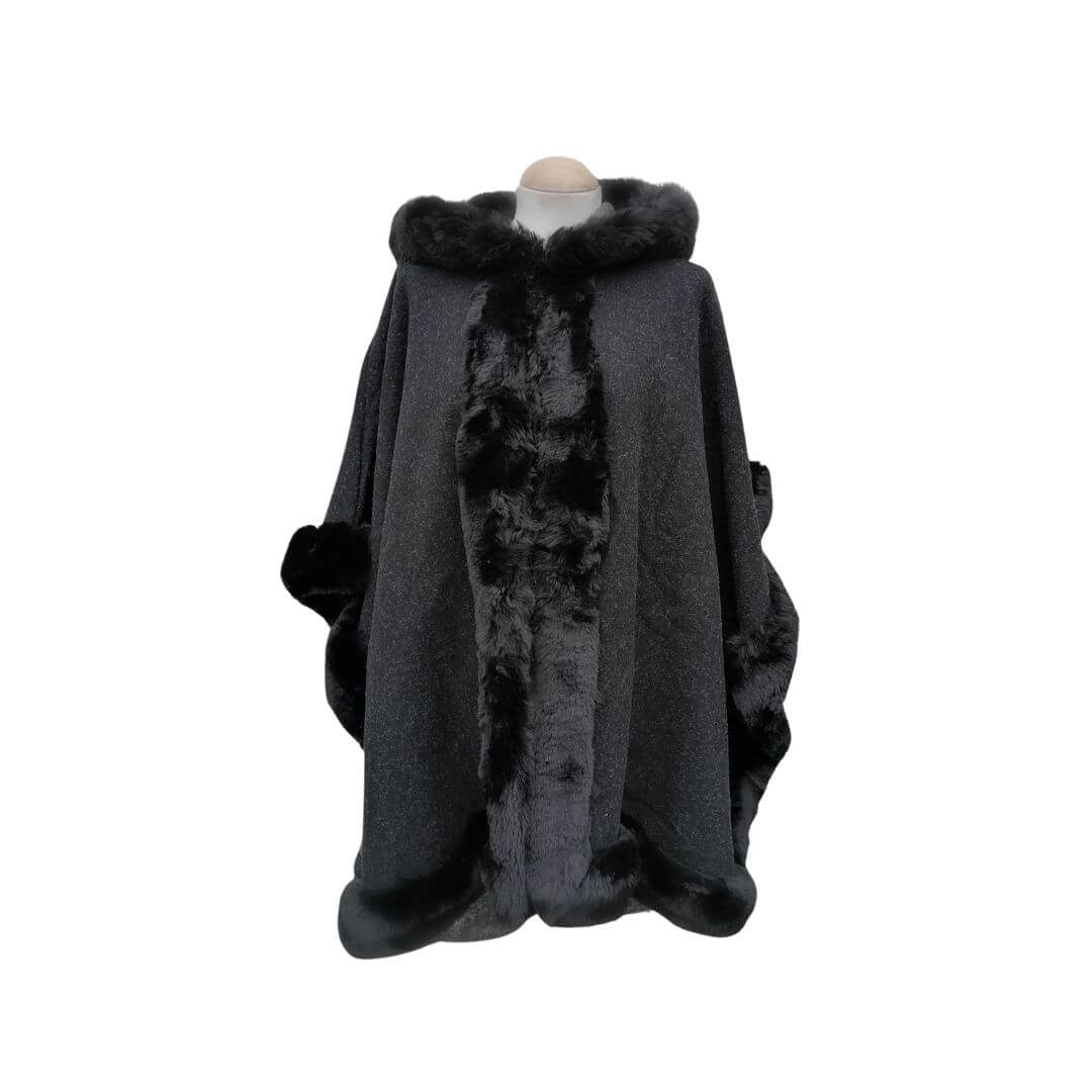 Autumn Winter Clothes One Size Black Faux Fur Lined Poncho With Hood Copper Holly