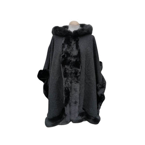 Black faux fur lined poncho with hood 