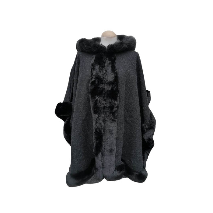 One Size Black Faux Fur Lined Poncho With Hood