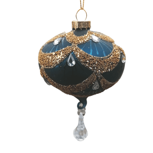 Teal blue baubles wiht gold beading in scalloped pattern around Christmas tree decoration with clear gems and a clear droplet dangling at the bottom