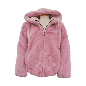 The blush pink faux fur coat with hood as styled on a amnnequin, with the hood half up
