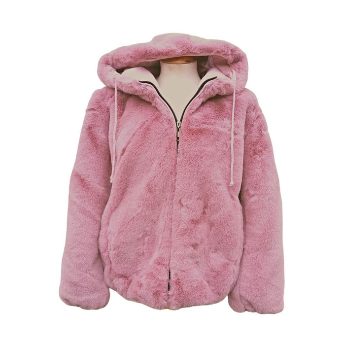 One Size Blush Pink Faux Fur Coat With Hood