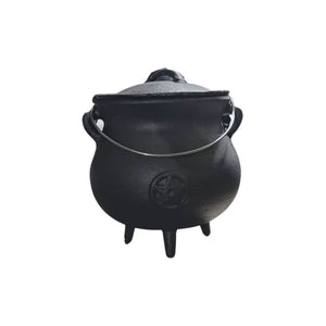 Showing the cast iron with cauldron with pentacle embossed in the front and back, and the silver carrying handle.  Made from cast iron, and is a very dark grey/almost black