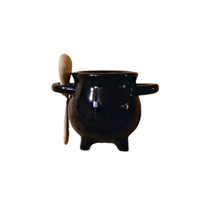 Showing the black porcelain cauldron egg cup and spoon