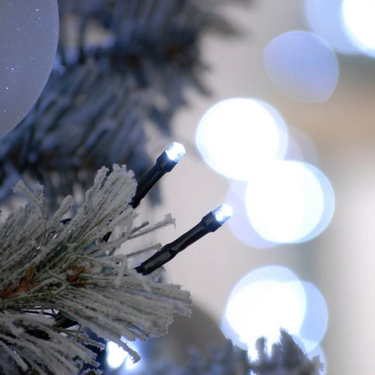 Showing a close up of the bulbs on the 1000 cold white LED string Christmas lights sets