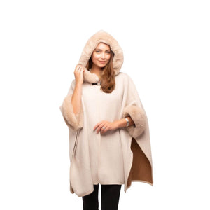 Cream faux fur cape with hood as worn on model