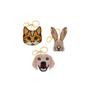Showing the 3 designs in the Perfect Pets crystal art kits keyrings design.  Including tabby cat, tan dog and bunny rabbit with ears sticking up