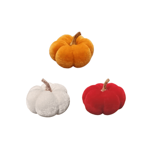 Showing the 3 colours available in the fabric pumpkin decor range, including red, orange and white