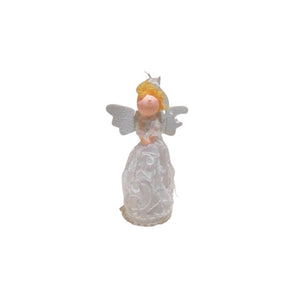Fairy tree topper dressed all in white and with blonde hair up in a bun
