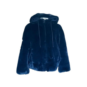 View of the front of the one size navy blue faux fur coat with hood