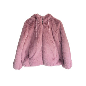 The front of the blush pink faux fur coat with hood without the hood being shown
