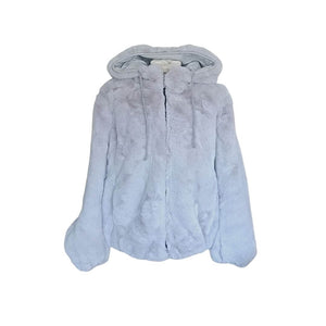 front view of the one size silver grey faux fur coat with hood