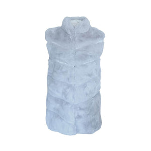 Front view of the silver grey faux fur gilet