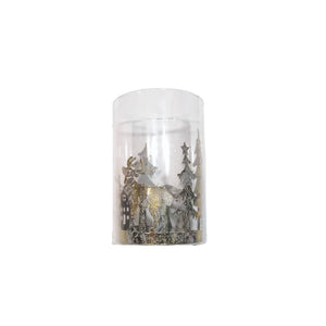 Glass tea light candle holder with metal reindeer and village scene in side