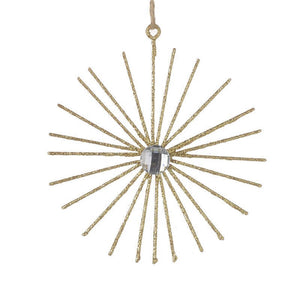 Gold glitter stars Christmas decorations with plain reflective gem in the middle.  Hanging loop is sisal string 