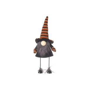 Gonk for halloween - witch style.  Wearing black fabric dress, and orange black and gold stripey hat, this is one gonk for halloween you won't want to be without