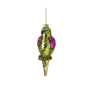The green bird tree decoration with hot pink and antique gold wings