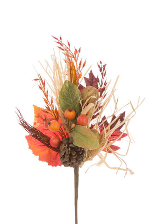 Unusual rustic harvest decorations featuring straw, oats, wheat, berries, leaves and fir cone.