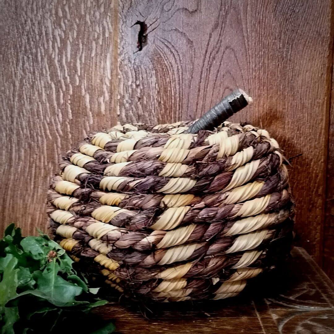 Pumpkin decor taken against a dark oak panelling background with little greenery at the side