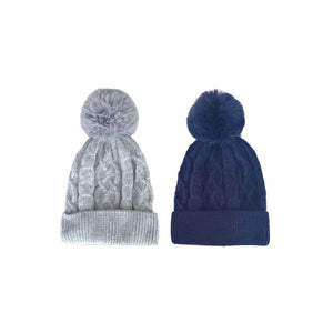 Showing the two colours available in the knitted hat with faux fur bobble, in silver grey and navy blue
