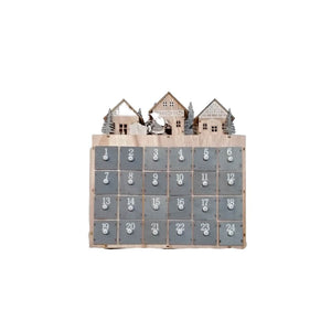 Grey drawers with white numbers in the light up wooden advent calendar, with Father Christmas visiting a village scene which gets lit up 