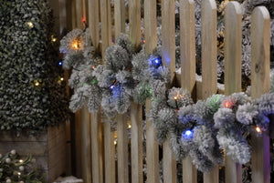 String of 600 multi colour LED string Christmas lights on a garden fence