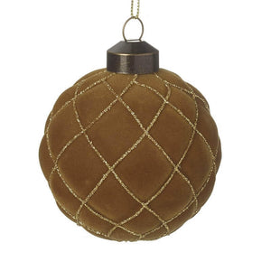 Mustard Christmas baubles with quilted gold glitter effect