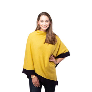 Mustard Ochre and Navy Blue Cashmere Poncho as worn on a model