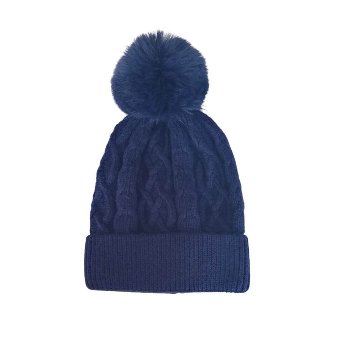 Navy Blue Knitted Hat with Faux Fur Bobble