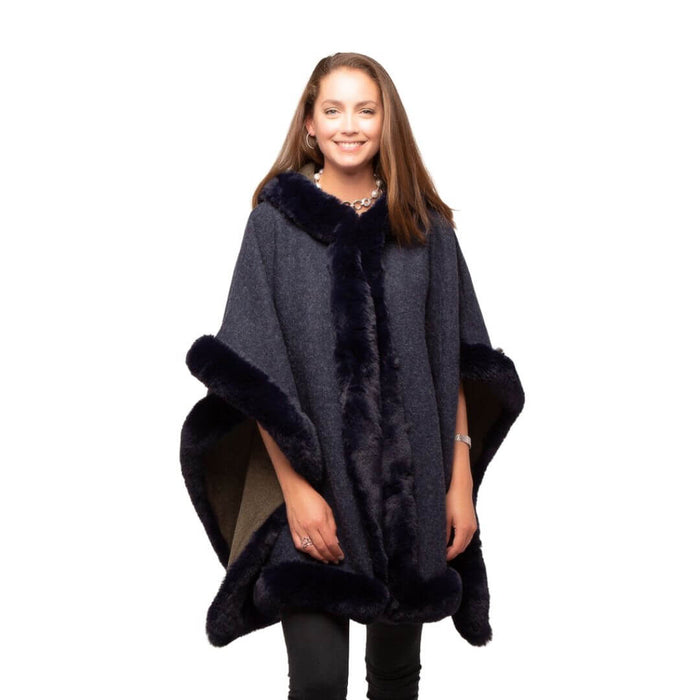 One Size Navy Blue Faux Fur Lined Poncho With Hood