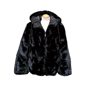One size black faux fur coat with hood as shown on mannequin