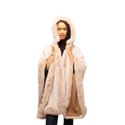 One Size Cream Faux Fur Lined Poncho With Hood as worn on a model