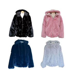 Showing the four colour of faux fur coats available, including black, blush pink, navy blue and silver grey