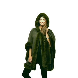 One Size Forest Green Faux Fur Lined Poncho with Hood as worn on a model
