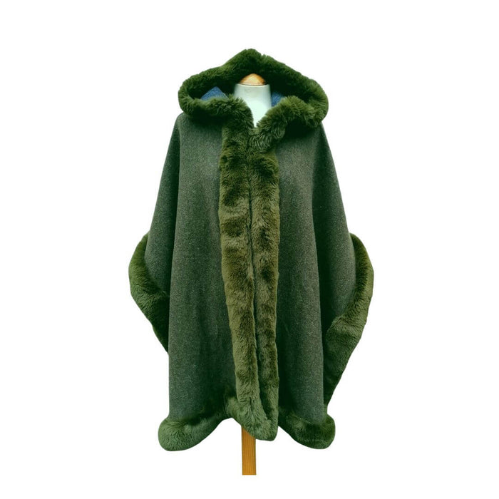 One Size Forest Green Faux Fur Lined Poncho with Hood
