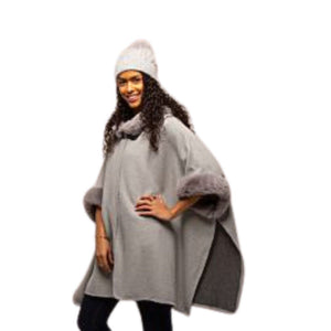 One Size Silver Grey Faux Fur Cape as worn by a model