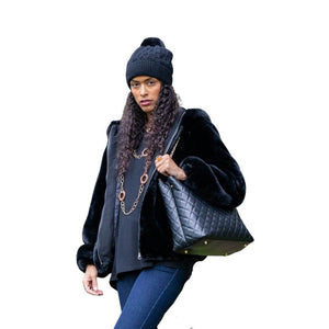 One size black faux fur coat with hood as shown on model