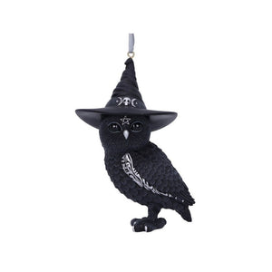 Showing the owl in hat hanging decoration - perfect for halloween and your Christmas tree!  All black figurine, with silver detailing on the hat, beak and edge of wing