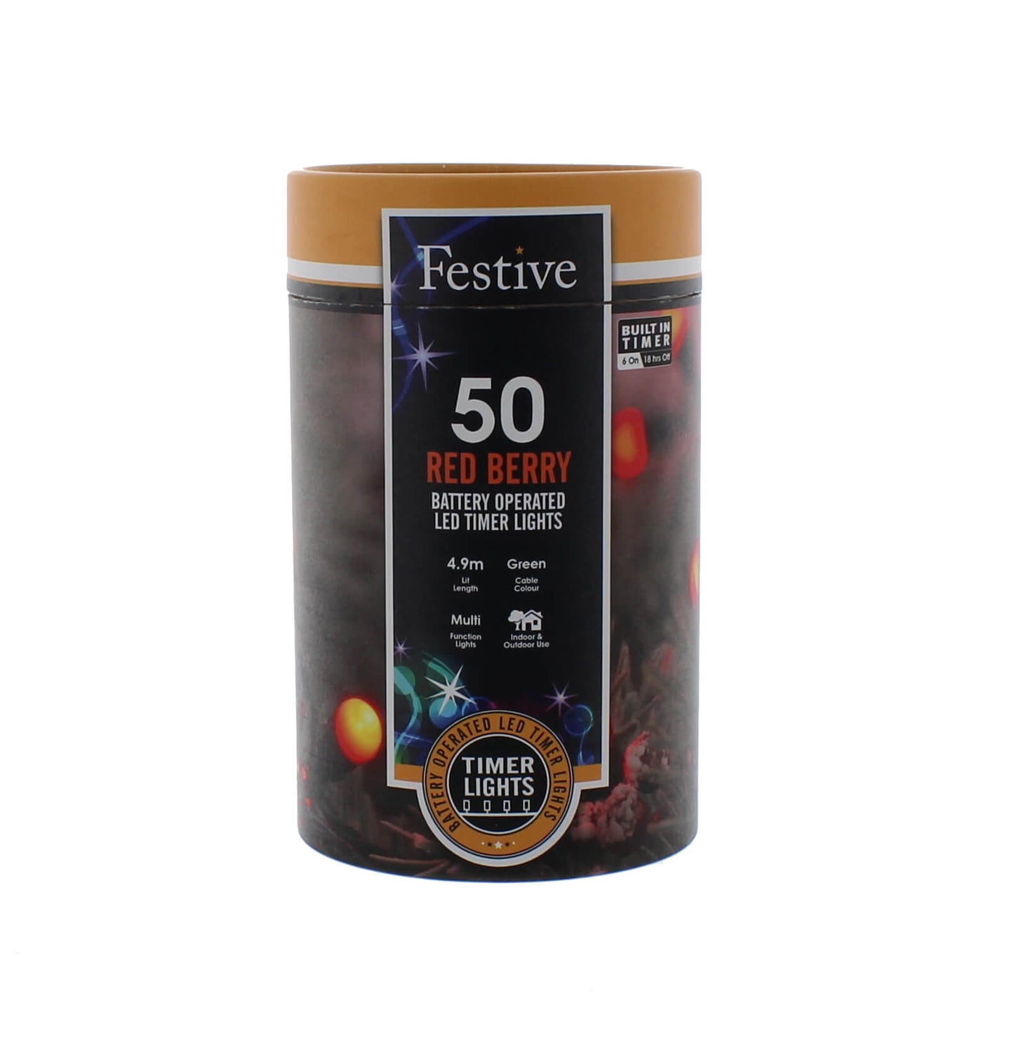 White cut out of the 50 red berries Christmas lights packaging